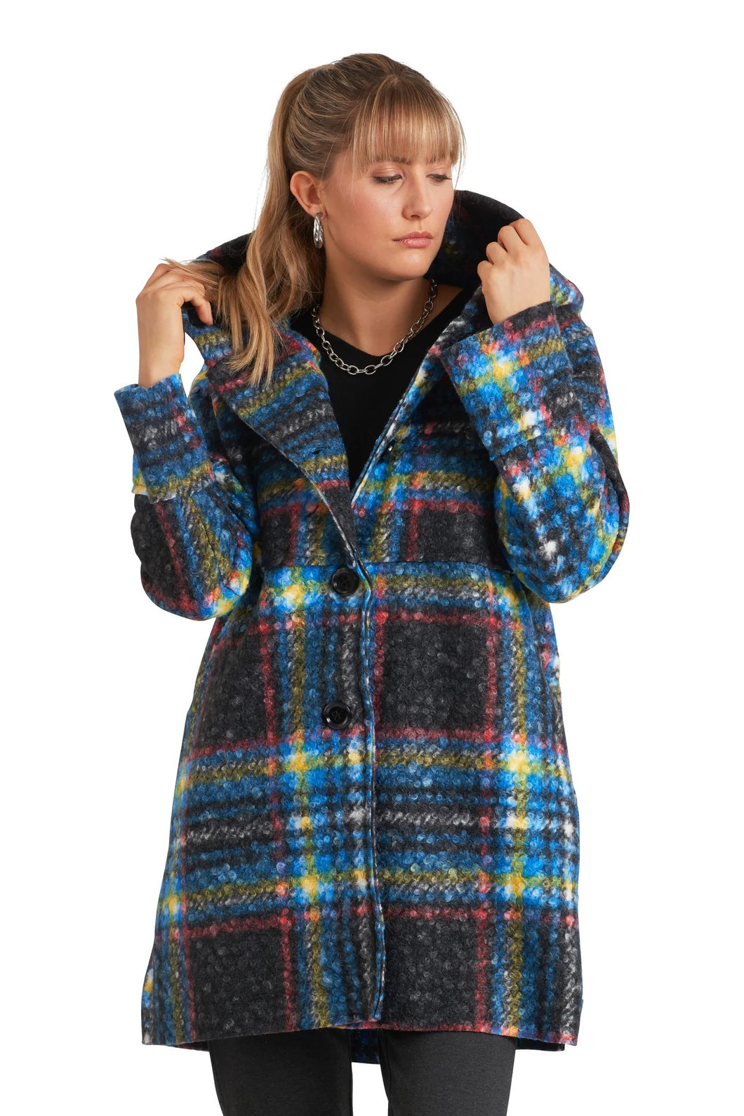 Multi-Colour Plaid Boucle Coat