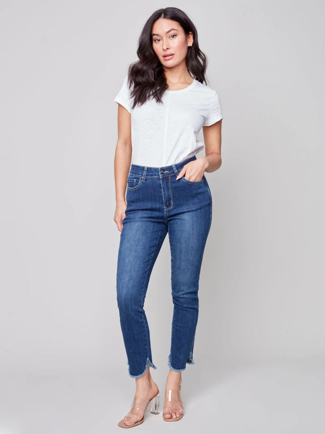 Denim Pant with Fringed Tulip Hem