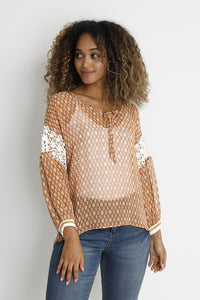 Clay Print Blouse with Crochet Inserts