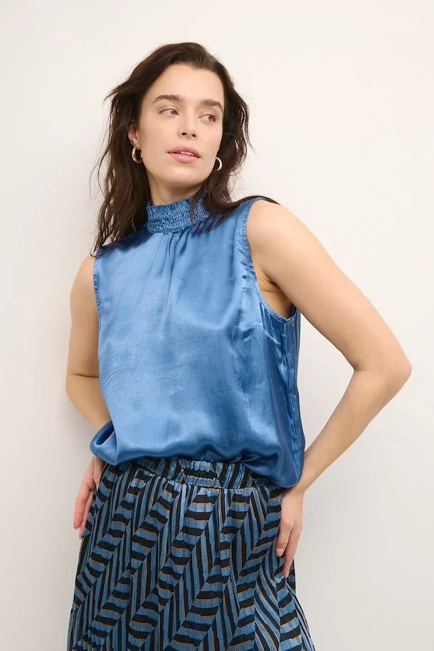 Sleeveless Satiny Top with Smocked Neck