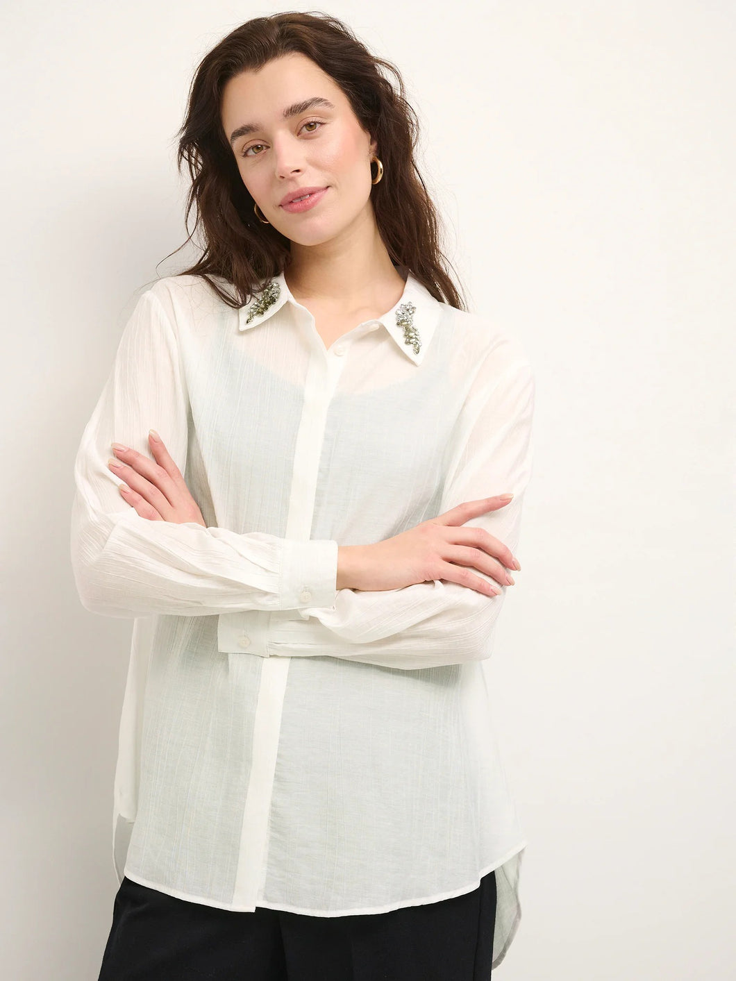 Crinkled Shirt with Crystal Embellished Collar