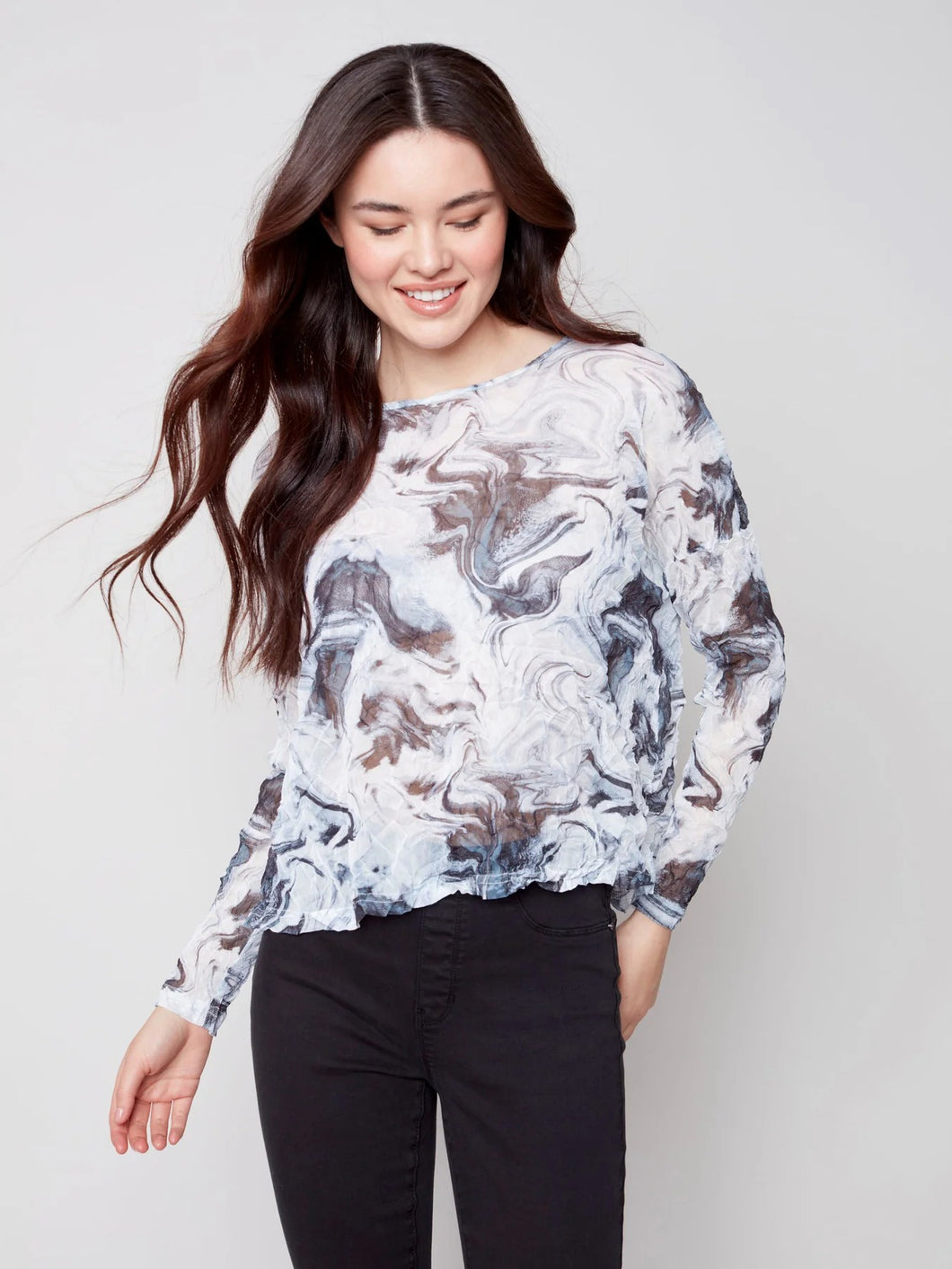 Printed Crinkle Mesh Top