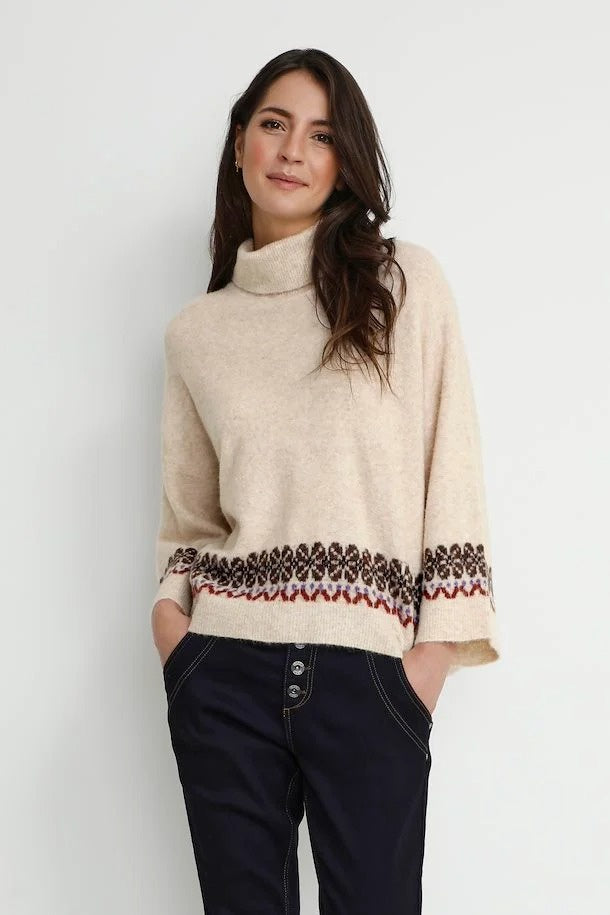 Turtleneck Sweater with Border Pattern